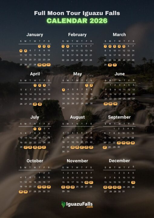 2026 calendar showing available dates for the Full Moon Tour at Iguazu Falls.