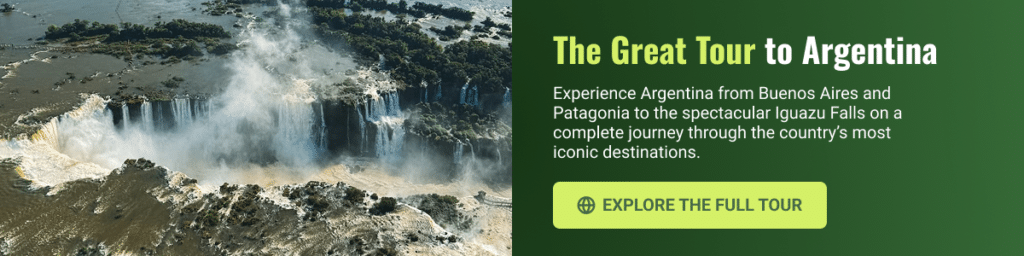 Banner promoting a complete Argentina tour including Buenos Aires, Patagonia and Iguazu Falls.