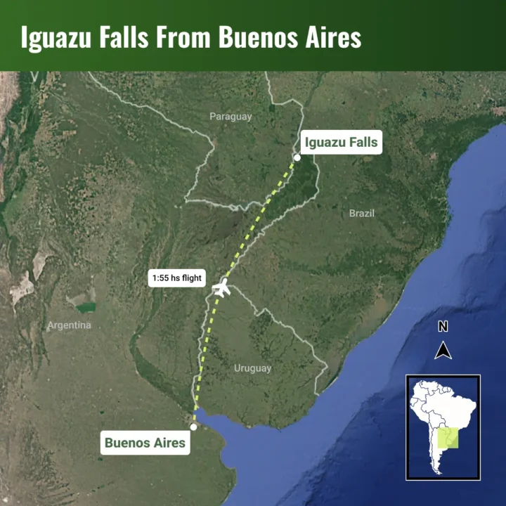 Map showing the flight route from Buenos Aires to Iguazu Falls in approximately 1 hour and 55 minutes.